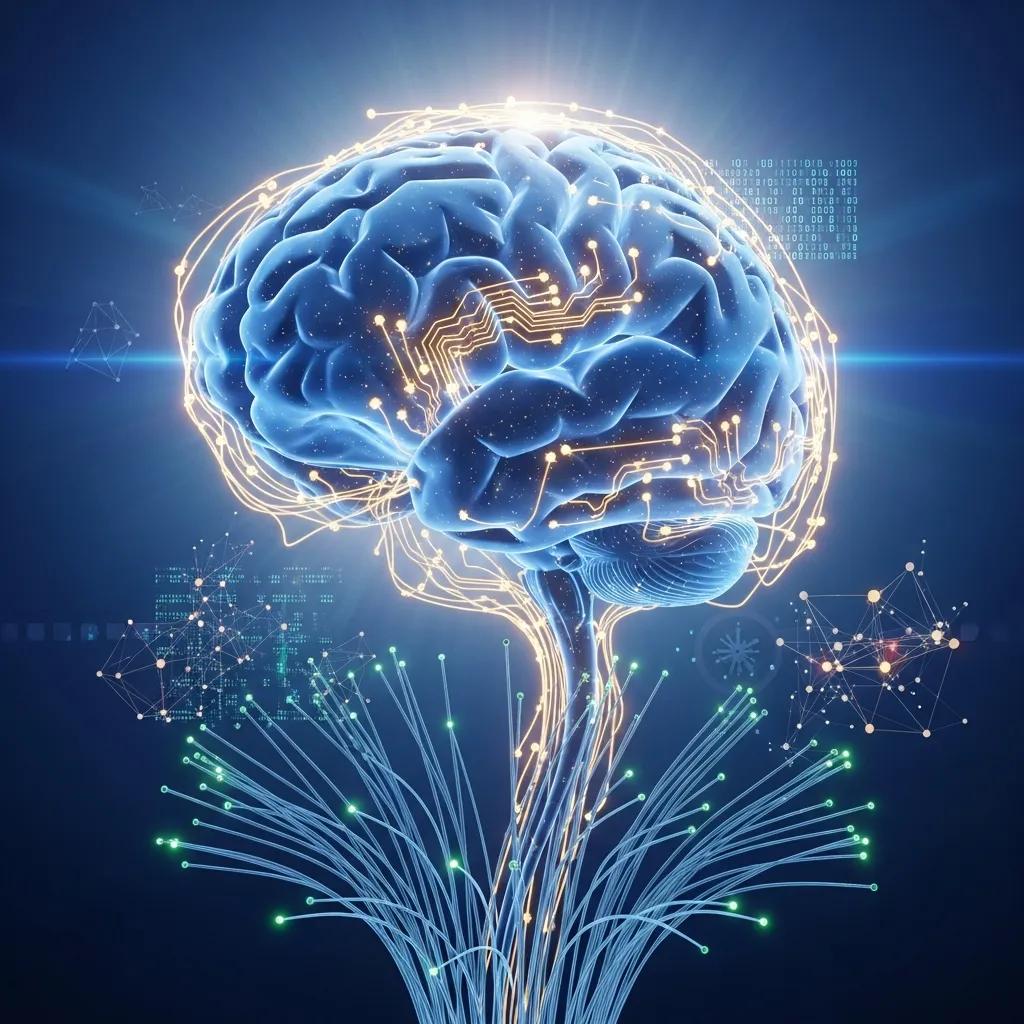 Discover Neuro-Inspired AI: Principles & Business Applications 5 Neuro-inspired artificial intelligence concept with a brain and digital circuits