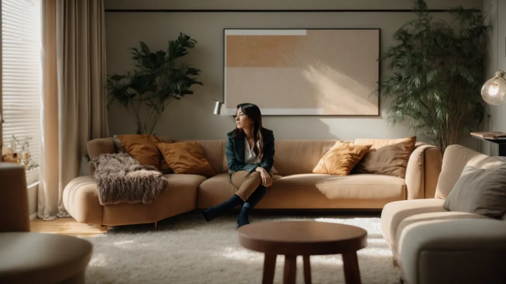 users 7dd1dc79 7cb9 40c2 b5f8 d0e040fa311b generations 05b3258a 7123 4d9b a021 39b5225f1545 PhotoReal a photo of a a person sitting on a couch in a cozy t 0