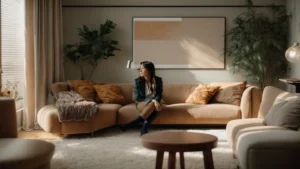 users 7dd1dc79 7cb9 40c2 b5f8 d0e040fa311b generations 05b3258a 7123 4d9b a021 39b5225f1545 PhotoReal a photo of a a person sitting on a couch in a cozy t 0