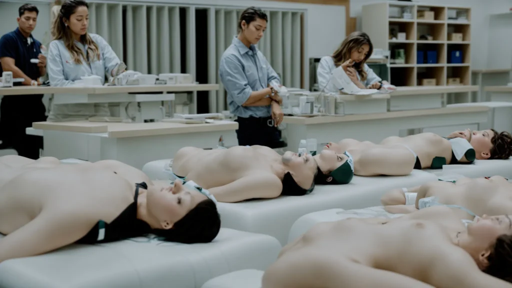 a group of people practicing cpr on dummies under the guidance of an instructor in a classroom.